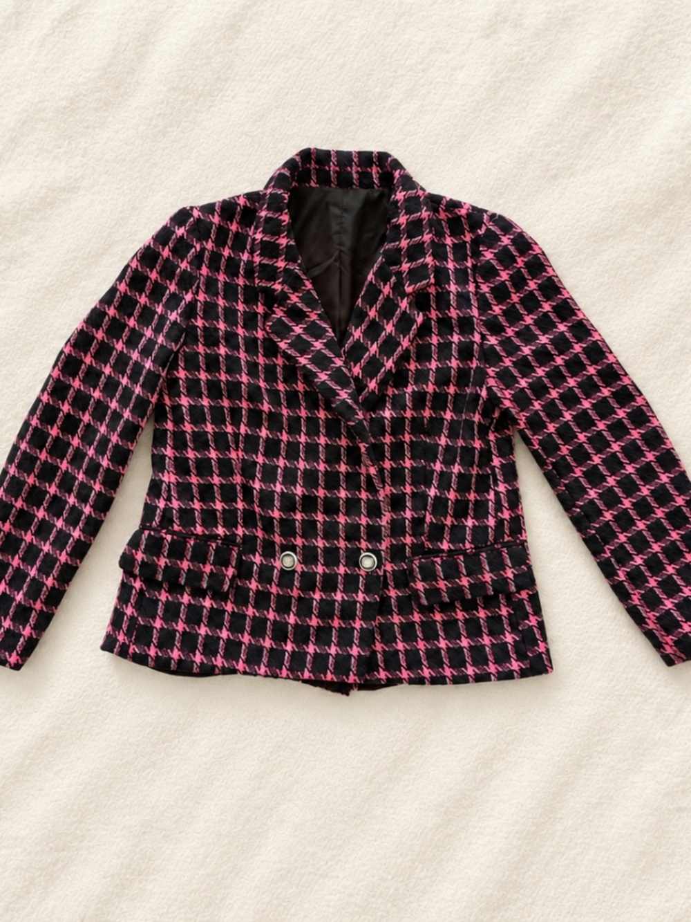 Black Fuchsia Pink Houndstooth Crest Button Blazer